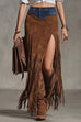 Febedress High Rise Denim Splice Faux Suede Slit Fringe Maxi Skirt