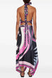 Febedress Printed Halter Tie Knot Backless Top and Irregular Hem Maxi Skirt Set