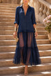 Febedress Lapel Long Sleeves Organza Splice Ruffle Denim Maxi Dress