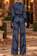 Febedress Lapel Long Sleeves Shirt High Rise Pocketed Straight Leg Pants Paisley Print Set (B)