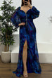 Febedress Off Shoulder Lantern Long Sleeves Printed Slit Pleated Maxi Dress