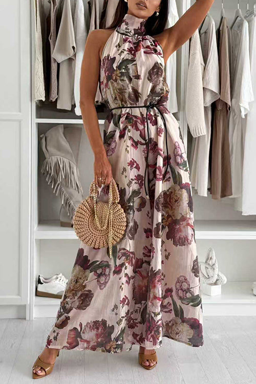 Halter Neck Backless Floral Print Palazzo Jumpsuit