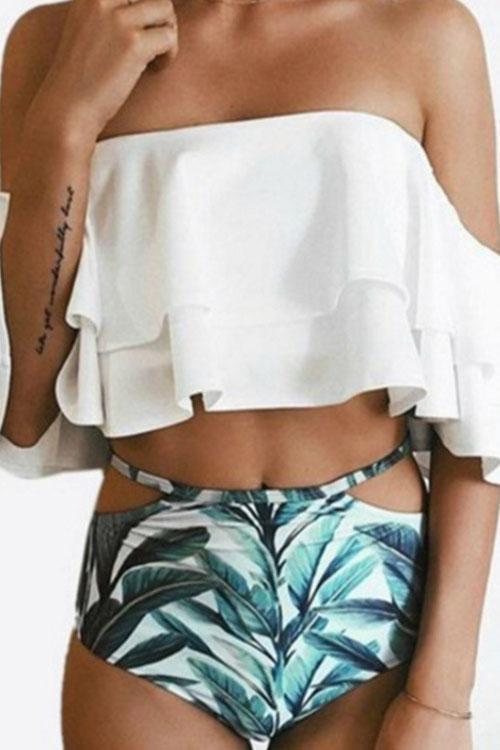 Febedress Off Shoulder Ruffled Printed Bikini Set