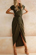 Febedress Short Sleeve Tie Waist Slit Midi Dress