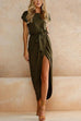 Febedress Short Sleeve Tie Waist Slit Midi Dress