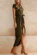 Febedress Short Sleeve Tie Waist Slit Midi Dress
