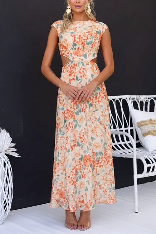Crewneck Cut Out Waist Floral Print Maxi Dress