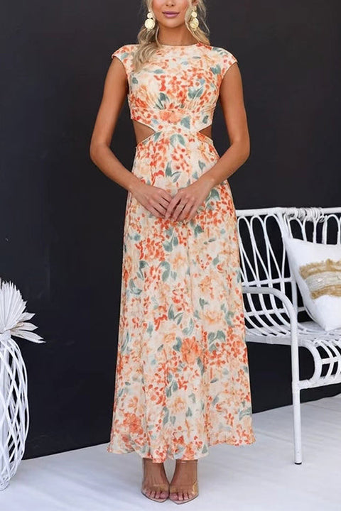 Crewneck Cut Out Waist Floral Print Maxi Dress
