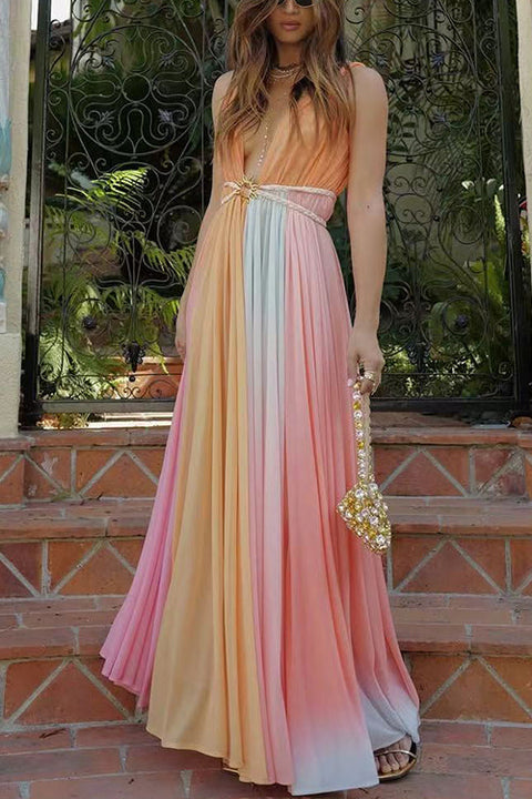 Deep V Neck Sleeveless Rainbow Maxi Dress