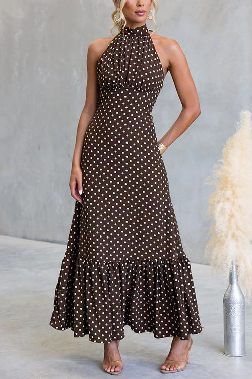 Halter Neck Backless Polka Dot Ruffle Maxi Dress