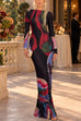 Febedress Boat Neck Long Sleeve Abstract Print Maxi Dress