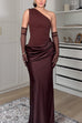 Febedress One Shoulder Sleeveless Ruched Patchwork Satin Maxi Dress