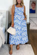 Square Neck Sleeveless Shell Print Pocketed Midi Dress
