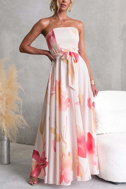 Strapless Tube Tie Waist Floral Print Maxi Dress