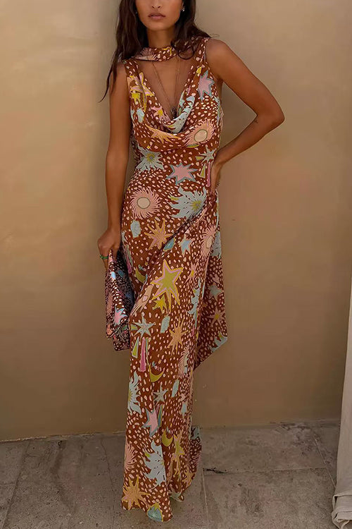 Febedress Cowl Neck Open Back Printed Maxi Dress with Scarf