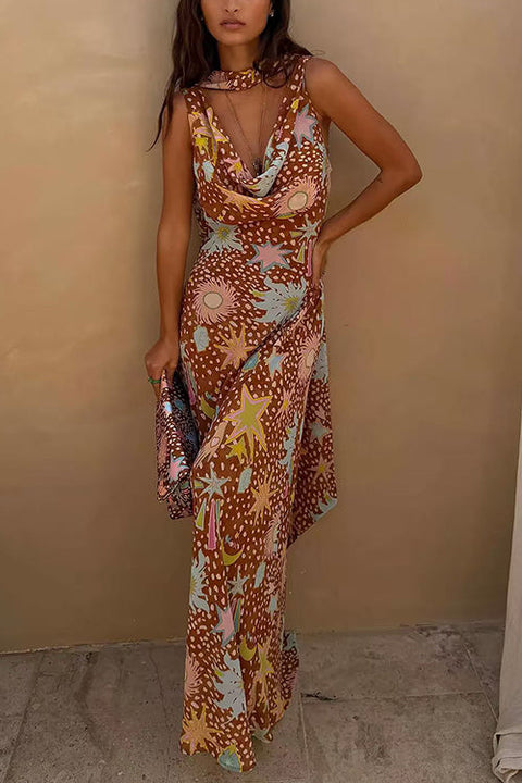 Febedress Cowl Neck Open Back Printed Maxi Dress with Scarf