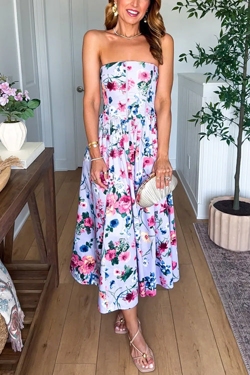 Strapless Tube Back Lace-up Floral Print Midi Dress