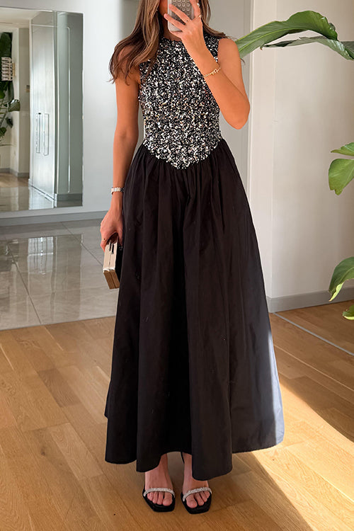 Febedress Crewneck Sleeveless Glitter Sequin Splice Maxi Dress