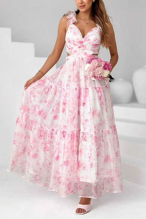 V Neck Sleeveless Cut Out Waist Floral Print Ruffle Maxi Dress