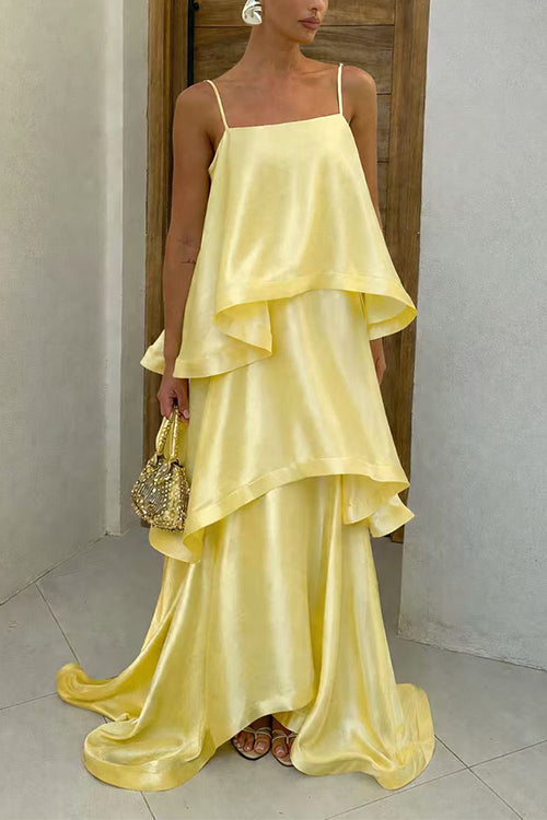Febedress Spaghetti Strap Ruffle Layered Satin Maxi Dress