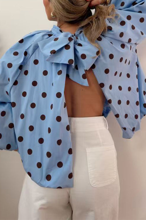 Lantern Long Sleeves Bow Back Slit Polka Dot Top