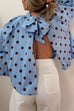 Lantern Long Sleeves Bow Back Slit Polka Dot Top