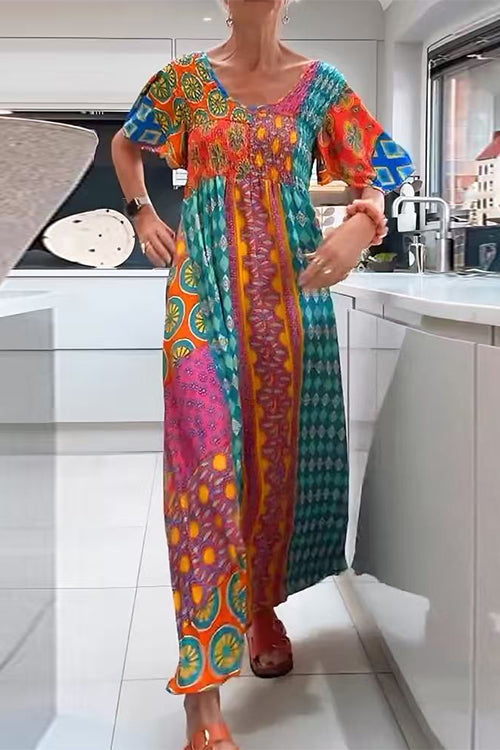 Febedress Round Neck Short Sleeves Printed Maxi Dress
