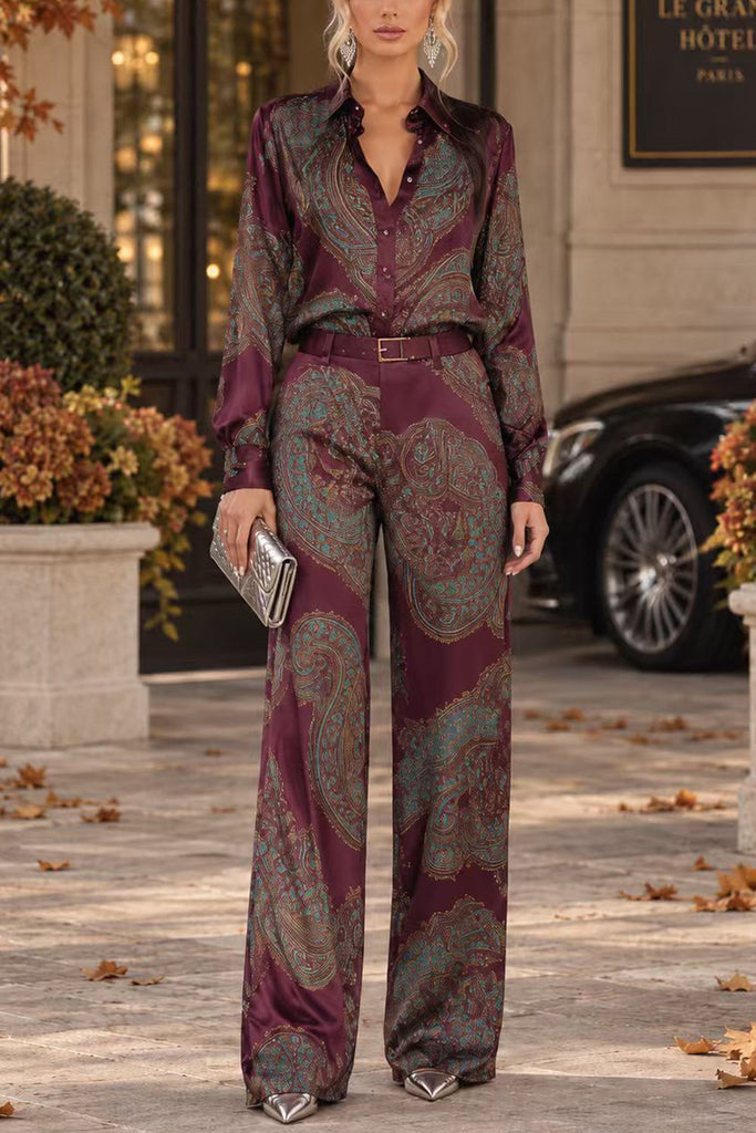 Febedress Lapel Long Sleeves Shirt High Rise Pocketed Straight Leg Pants Paisley Print Set (A)