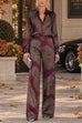 Febedress Lapel Long Sleeves Shirt High Rise Pocketed Straight Leg Pants Paisley Print Set (A)