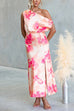 One Shoulder Floral Print Slit Satin Maxi Dress