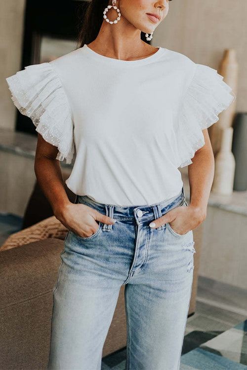 Febedress Round Neck Polka Dot Ruffle Short Sleeves Top