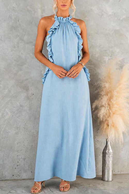 Febedress Sleeveless Linen Blend Ruffle Pocketed Maxi Dress
