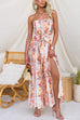 Strapless Bow Waist Floral Print Slit Wide Leg Jumpsuit