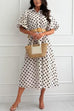 Collared Short Sleeves Button Up Polka Dot Midi Dress