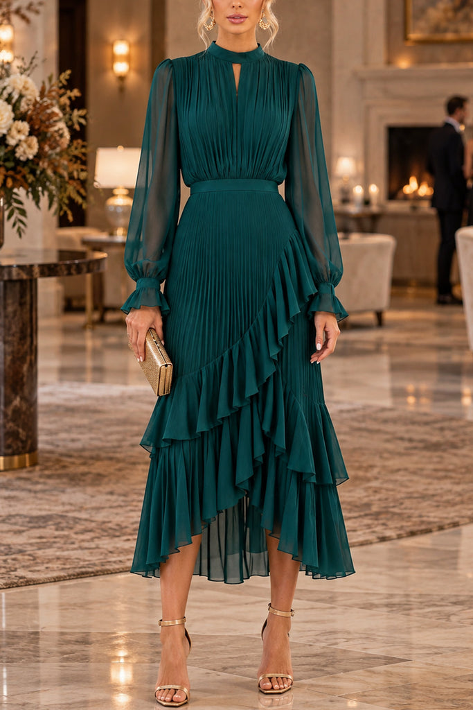 Febedress Mock Neck Sheer Sleeve Pleated Ruffle High-Low Midi Dress (A)