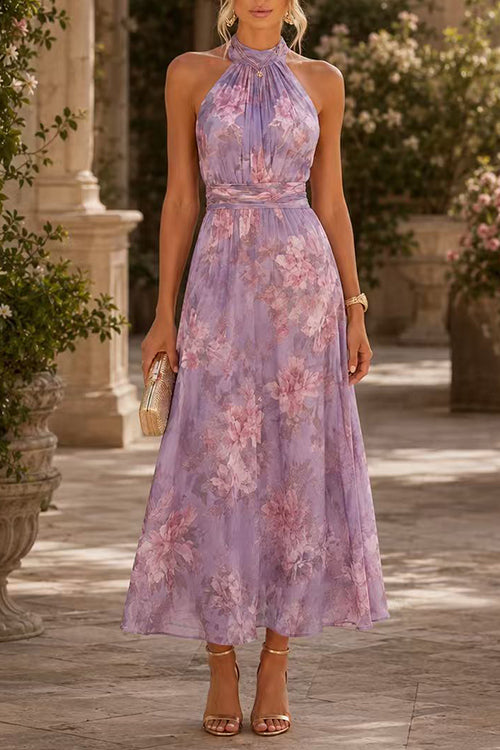 Febedress Sleeveless Waisted Floral Print Flowy Maxi Dress