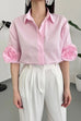 Lapel Short Sleeves Button Up Flower Detail Shirt