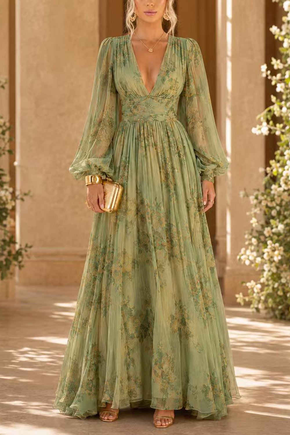 Febedress V Neck Puff Long Sleeves Floral Print Maxi Dress