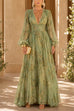 Febedress V Neck Puff Long Sleeves Floral Print Maxi Dress