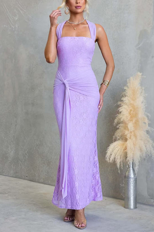 Square Neck Sleeveless Ruched Knot Lace Maxi Dress