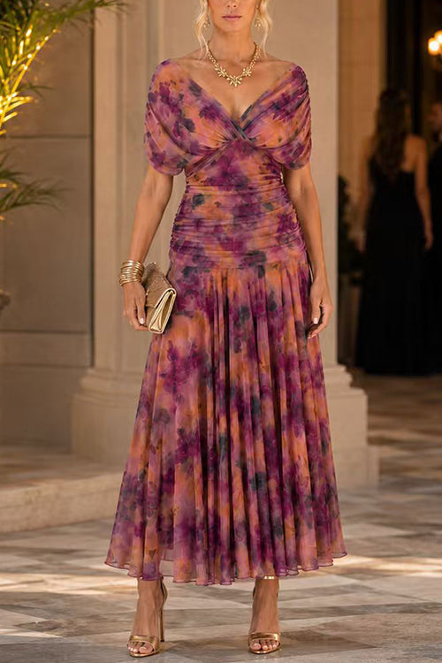 Febedress V Neck Short Sleeves Floral Print Maxi Dress