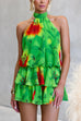 Halter Backless Floral Print Ruffle Romper