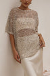 Crewneck Half Sleeves Crochet Hollow Out Sequin Top