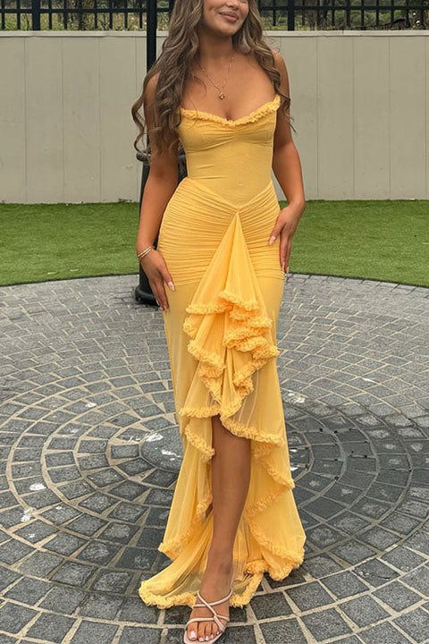 Febedress Spaghetti Strap Frill Trim Draped Slit Maxi Dress