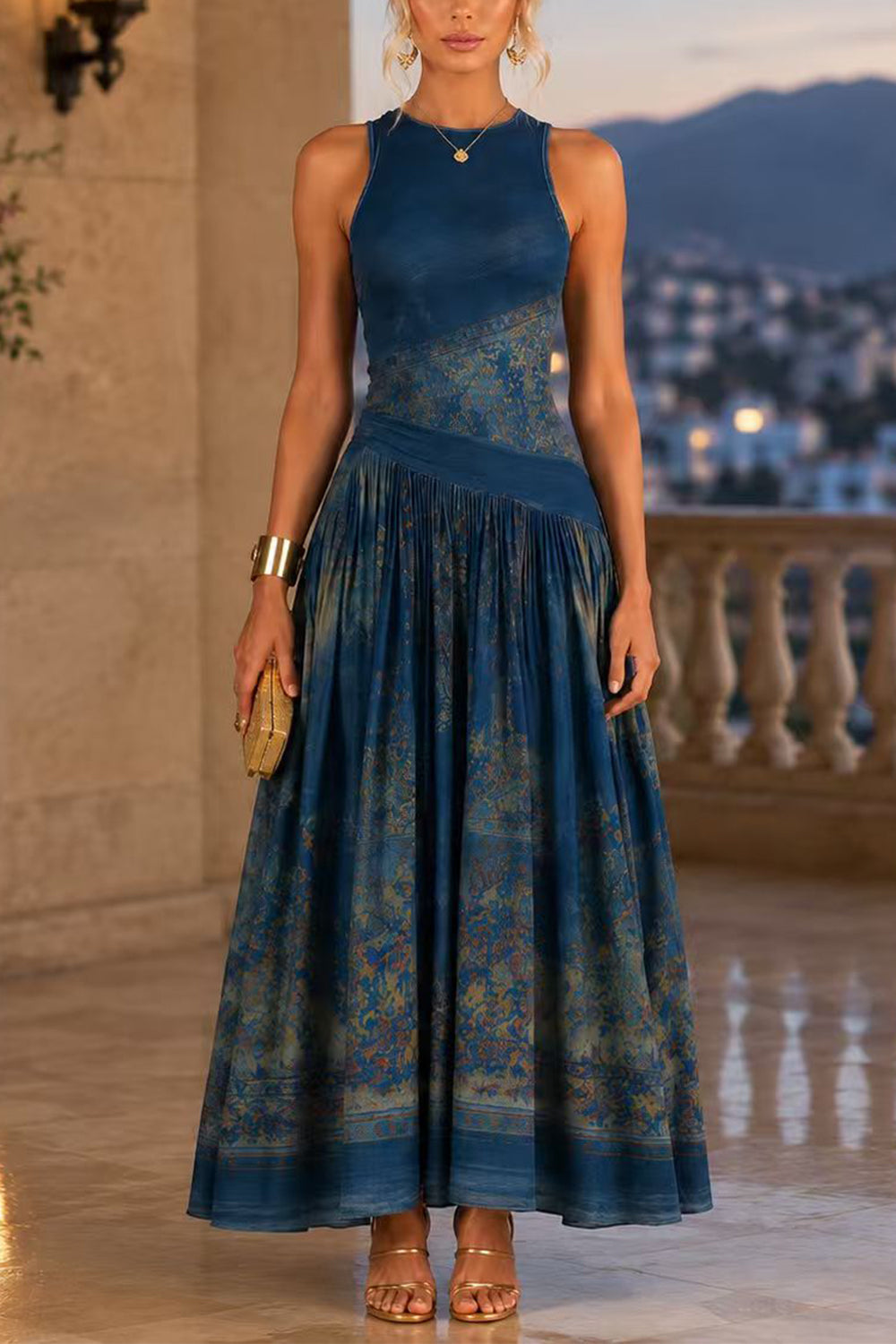 Febedress Crewneck Sleeveless Printed Flowy Maxi Dress