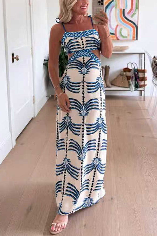 Febedress Tie Shoulder Cut Out Waist Printed Maxi Dress