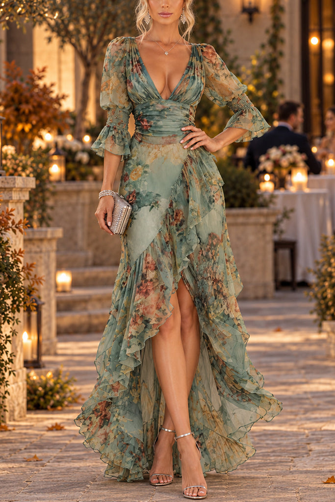 Febedress V Neck Floral Print High Low Hem Ruffle Maxi Dress