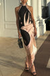 Febedress Halter Neck Open Back Asymmetric Hem Printed Satin Midi Dress