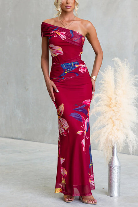 Asymmetrical Shoulder Floral Print Bodycon Maxi Dress