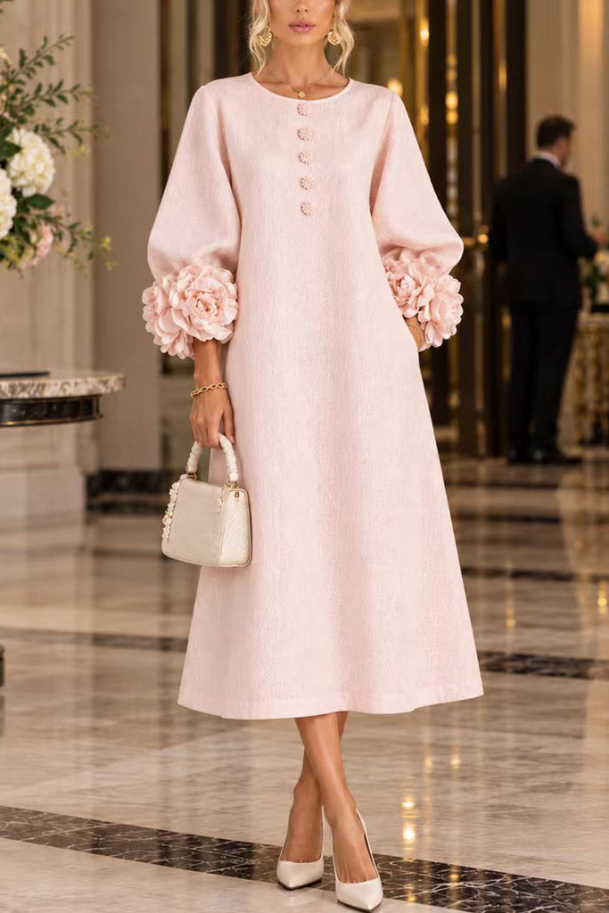 Febedress Floral Applique Puff Sleeve A-Line Midi Dress